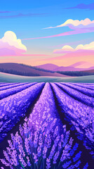 Naklejka premium A breathtaking view of lavender fields stretching towards a captivating sunset sky, the vibrant purple blooms creating a mesmerizing landscape.