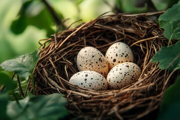 Obraz premium Spotted Bird Eggs Nestled in a Twig Nest