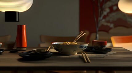 A modern table setting featuring 3D-rendered noodle bowls with an international twist