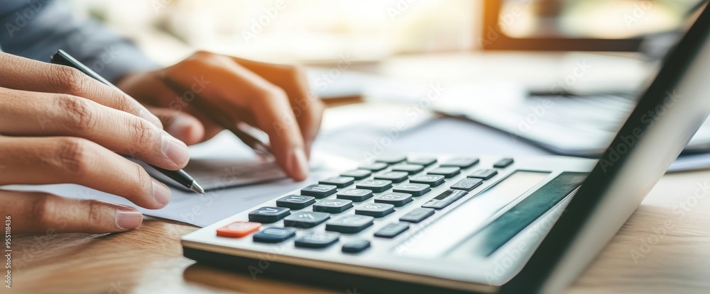 Poster a financial accounting technician is using a calculator on a laptop computer at a desk office for ca