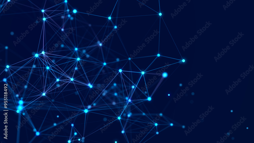 Poster interweaving of dots and lines in cyber space. study, collection and processing of data. business an