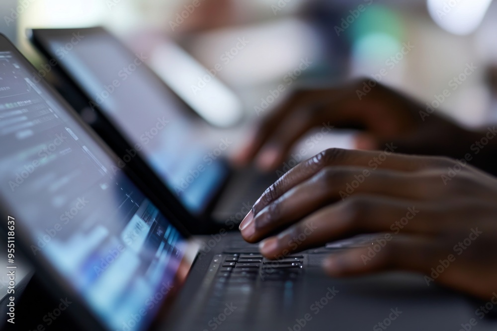 Poster close-up of a businessman using a digital tablet and working on a laptop computer with a mobile phon