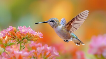 Enchanting Macro Shot of a Hummingbird Feeding on Nectar from a Colorful Flower