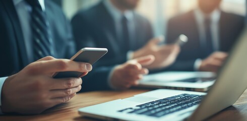 Business planning discussion between two businessmen using laptop computer, digital tablet, and mobile phone in modern office.