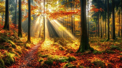 Obraz premium Golden sunlight streaming through vibrant autumn leaves creates a beautiful pathway in the forest, showcasing nature's rich colors