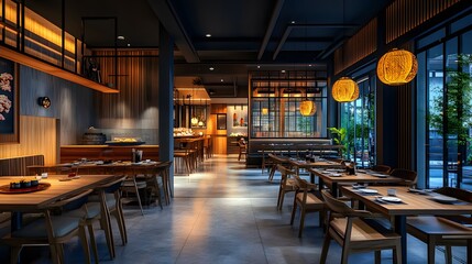 A cool-toned restaurant atmosphere with sleek decor and 3D-rendered noodle bowls