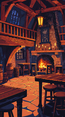 A cozy medieval tavern awaits, warm firelight casting shadows on rustic tables and barrels, inviting weary travelers to rest.