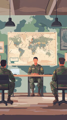 A World Map Under Scrutiny: Three Soldiers in a Serious Briefing, Planning Their Next Mission.