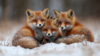 Obraz premium Playful Red Foxes frolicking in a Winter Wonderland - Adorable Wild Animals in a Snowy Landscape