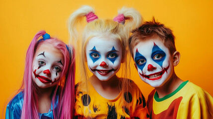 Fototapeta premium Children Halloween. Children dressed as creepy clowns with vibrant makeup and colorful costumes