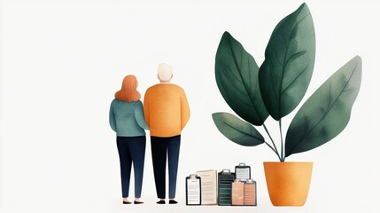 Watercolor illustration of a senior couple reviewing health insurance plans, with investment portfolios nearby, healthcare planning, retirement investment