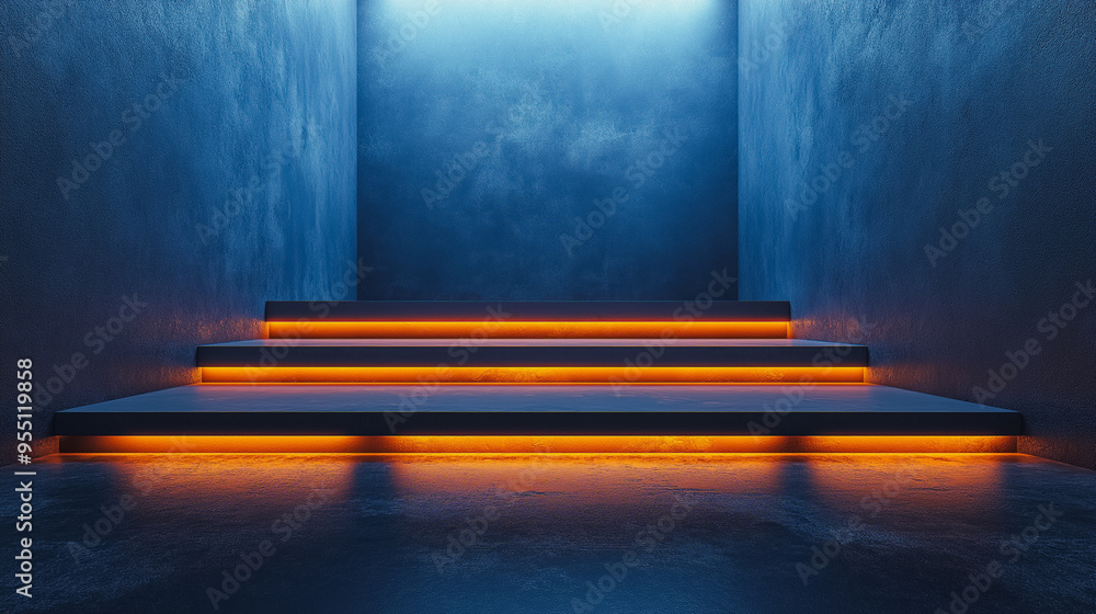 Poster sleek 3d background featuring a polished display platform with dynamic lighting, perfect for showcas