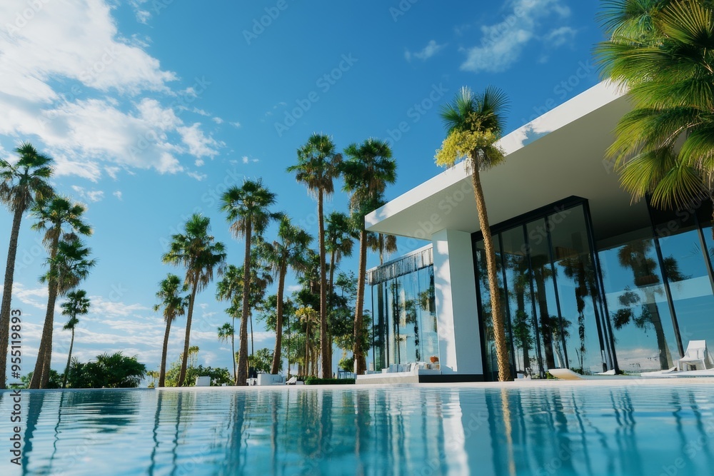 Poster an amazing modern minimalist cubic villa with a large swimming pool set among palm trees is created 