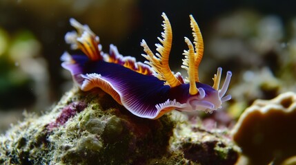 A vibrant nudibranch with intricate colors and textures on a coral reef.