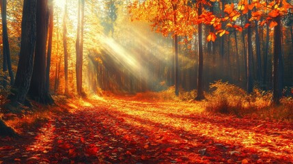 Wander through a tranquil autumn forest filled with golden and red leaves illuminated by warm afternoon sunlight