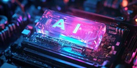 Fototapeta premium AI chip glows on a circuit board.