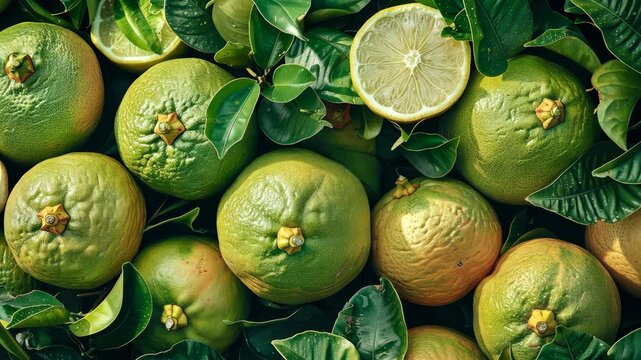 Exploring the vibrant world of unripe pomelo fruits on a sunny day in a lush orchard