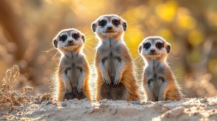 Fototapeta premium Meerkat Family Curiously Surveying the African Desert Landscape