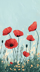 A vibrant burst of red poppies stand tall against a soft blue sky, their delicate petals swaying in the gentle breeze.