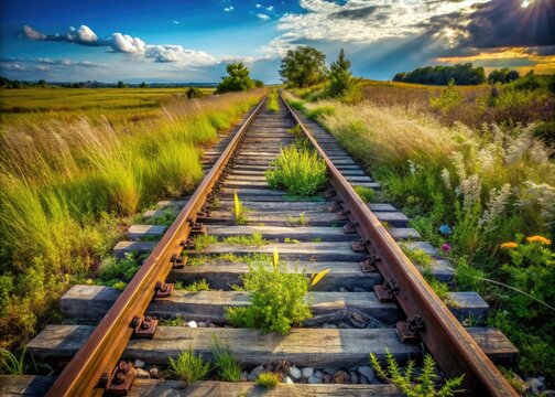 Rugged, rusty railroad tracks stretch into the distance, surrounded by overgrown weeds and worn wooden ties in a rural, abandoned landscape.