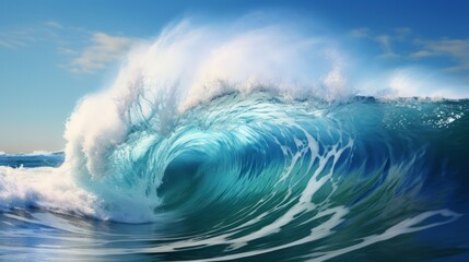 Powerful wave crashes dramatically on the shore, capturing the energy and beauty of the ocean. Neural network ai generated art