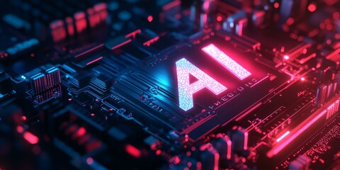 Obraz premium AI circuitry illuminated in blue and red.