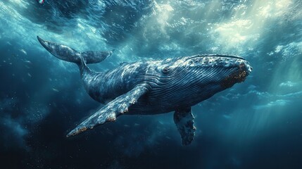 Fototapeta premium Majestic Blue Whale Gliding Through Deep Ocean Waters