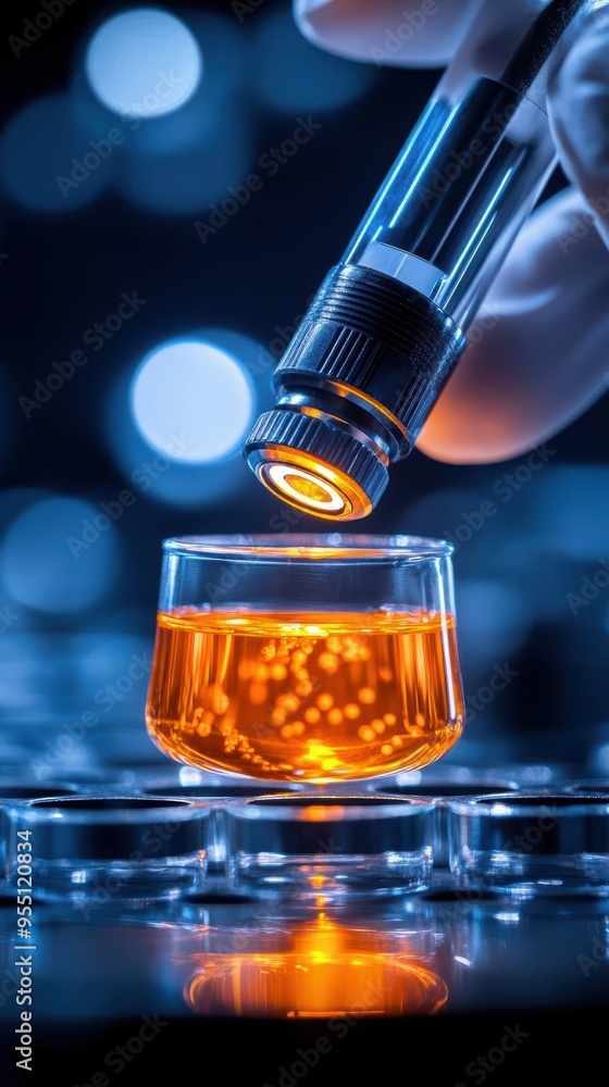 Poster a close-up of a hand using a pipette to add liquid to a flask, showcasing vibrant orange content and