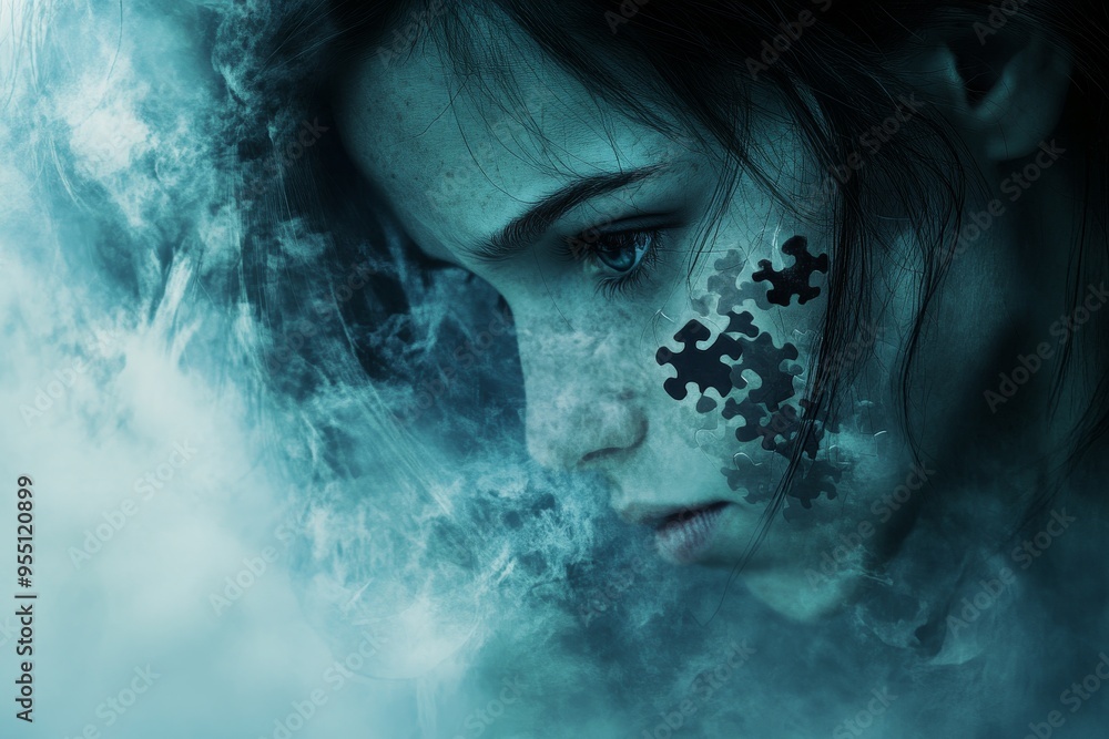 Poster thought patterns axon a woman’s face disintegrating into puzzle pieces symbolizing emotional fragmen