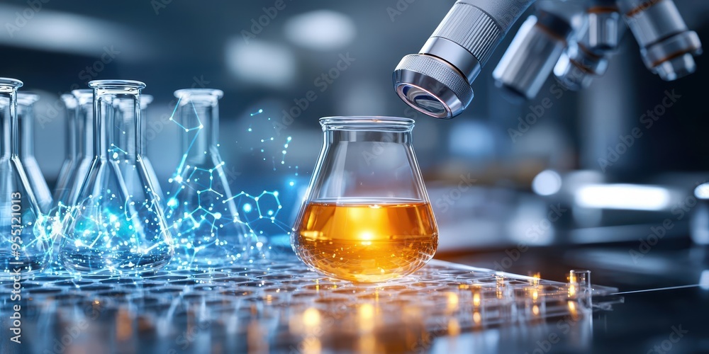 Poster a close-up of a laboratory setup featuring glassware with liquid, illuminated by a microscope, symbo