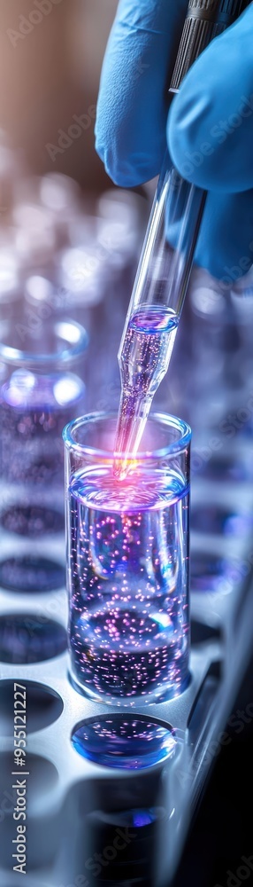 Poster a close-up of a scientist's hand holding a pipette, adding a colorful solution to a test tube in a m