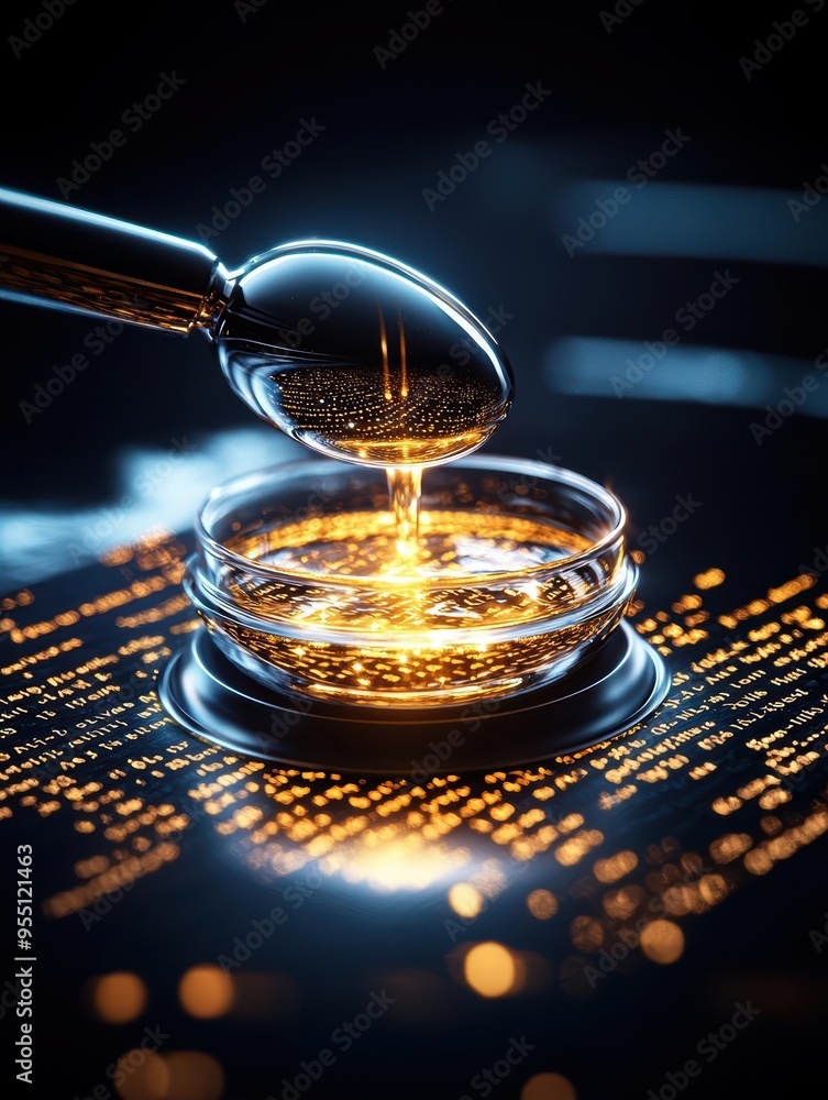 Poster a close-up of liquid being poured from a spoon into a petri dish, illuminated by soft light, creatin
