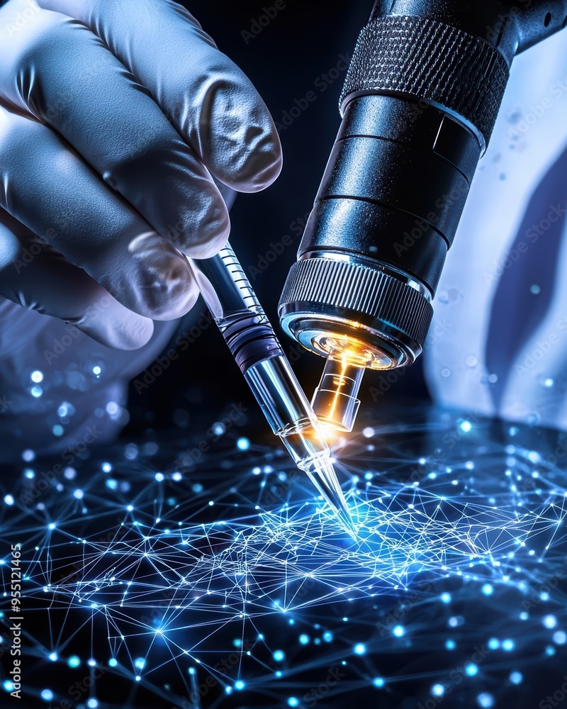 Poster a close-up of a scientist's hand using advanced technology to manipulate data points in a high-tech 