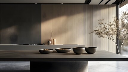 A sleek table with cool tones and intricate 3D-rendered noodle bowls
