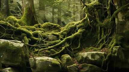Scenic view of old tree roots covered with moss growing in green forest. Neural network ai generated art
