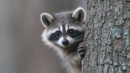 Obraz premium Curious Raccoon Foraging in Forest - Playful Wild Animal Behind Tree in Nature Habitat