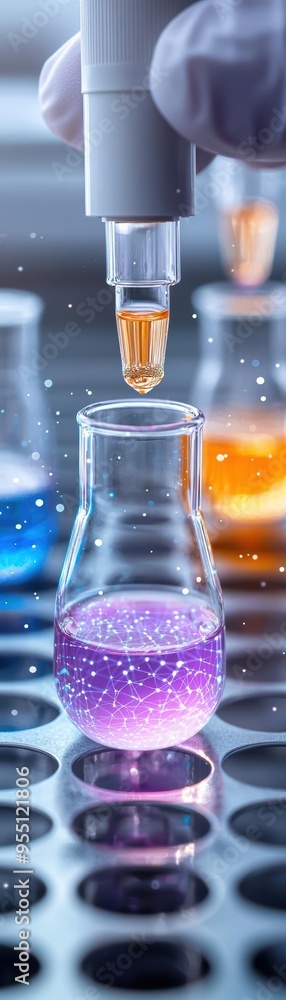 Poster a close-up view of colorful liquids being mixed in laboratory flasks, showcasing vibrant colors and 