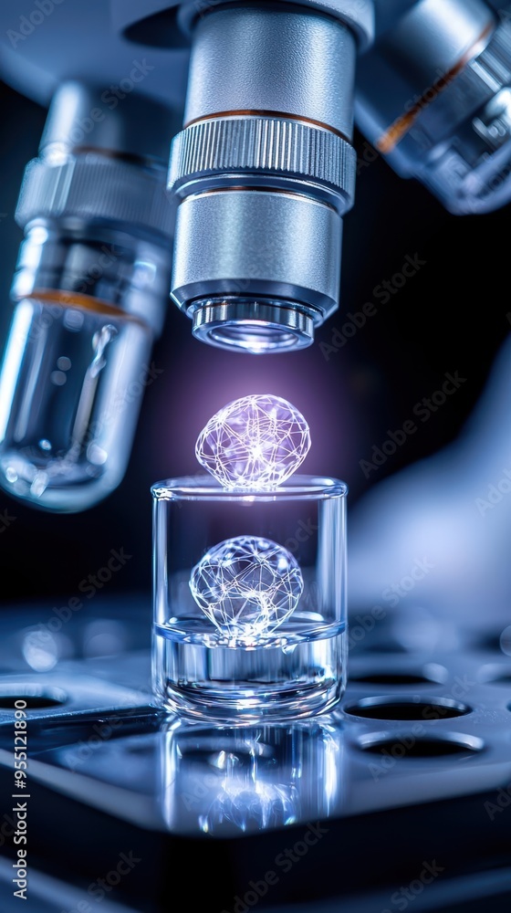 Poster a detailed close-up of a microscope examining a glass container with luminous objects, showcasing ad