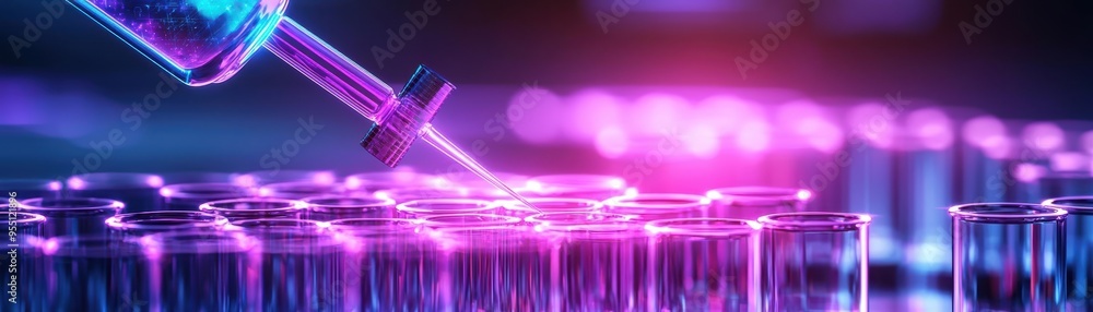 Poster a close-up view of a syringe injecting liquid into test tubes under vibrant neon lighting in a labor