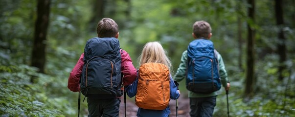 A family hiking through a forest trail