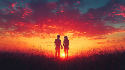 Fototapeta premium Romantic Sunset Silhouette of Couple Holding Hands