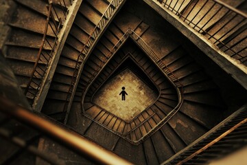 Obraz premium A top down view from the top of a many levels staircase, at the center, there's a stickman icon