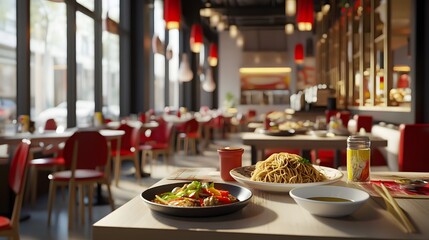 A modern restaurant scene featuring 3D-rendered noodle dishes representing global cuisine