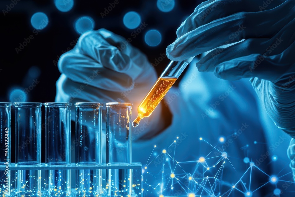Poster a scientist conducts an experiment with a test tube filled with orange liquid under laboratory condi