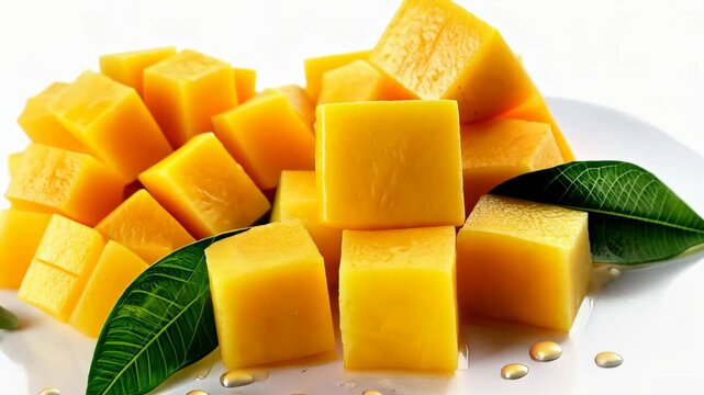 Freshly cut mango cubes isolated on a vibrant background showcasing their natural color and texture