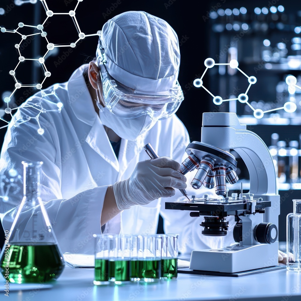 Poster a scientist examines samples under a microscope in a modern laboratory filled with glassware and mol