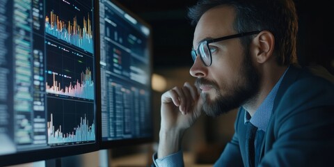 Financial analyst reviewing fiscal policy data on a digital platform clear visualizations and performance metrics modern interface