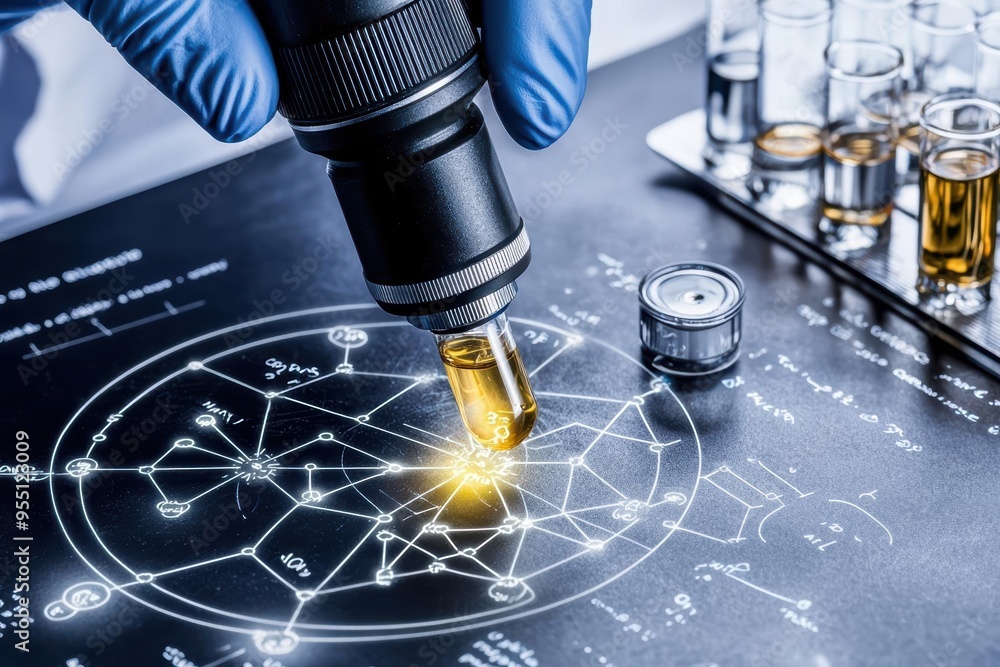 Aufkleber a scientist using a dropper to conduct experiments on a research diagram surrounded by test tubes in