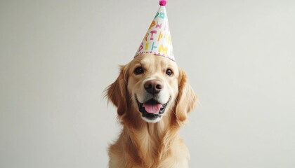 Adorable Dog in Birthday Hat: Whimsical Pet Party Concept. Creative Animal Illustration for NFT Art, Decorative Prints, and Fashion Design. AI-Generated 4K Wallpaper for Marketing, Celebrations, and I