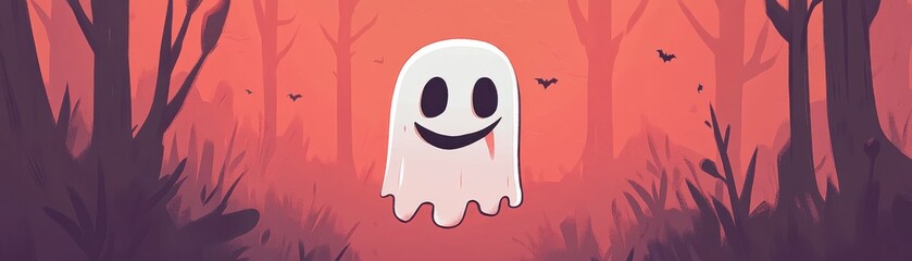 A cute cartoon ghost floating in a spooky forest with a vibrant orange background, perfect for Halloween themes.